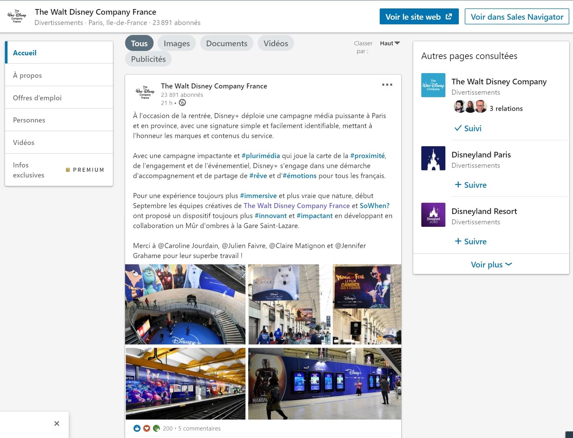 LinkedIn post by The Walt Disney Company France about the installation created with SoWhen?