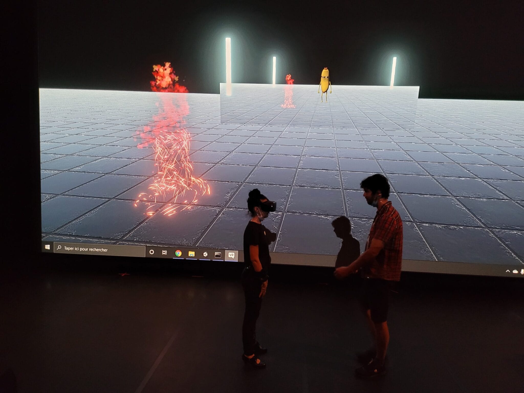 Flame show setup: virtual fire dancer projected behind the performers