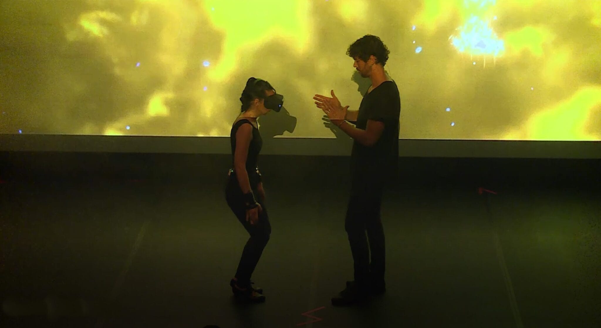 Mixed reality flamenco scene, performer in a VR headset, Forum des Halles