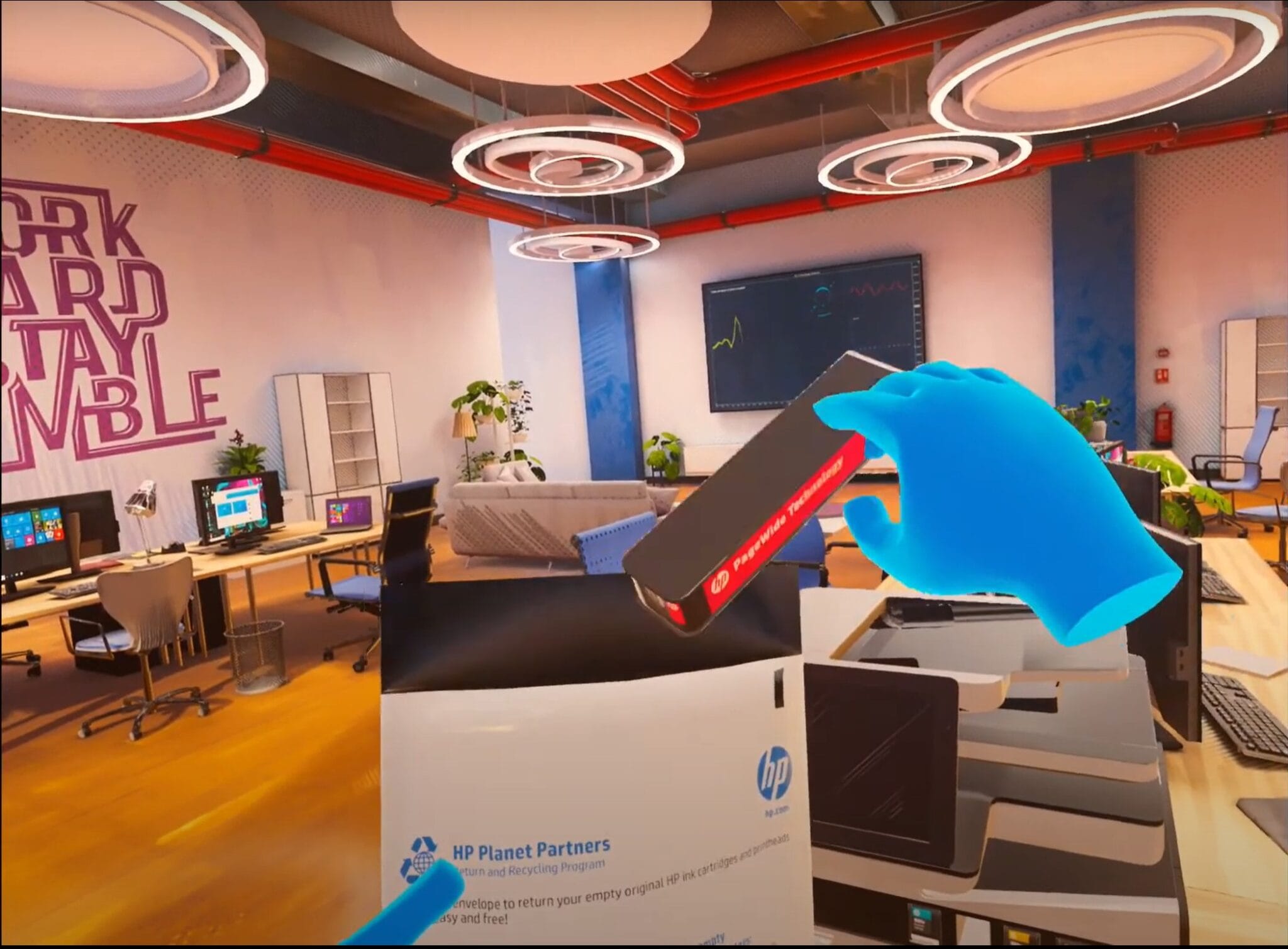 HP Planet Partners immersive VR game: virtual hand holding an ink cartridge