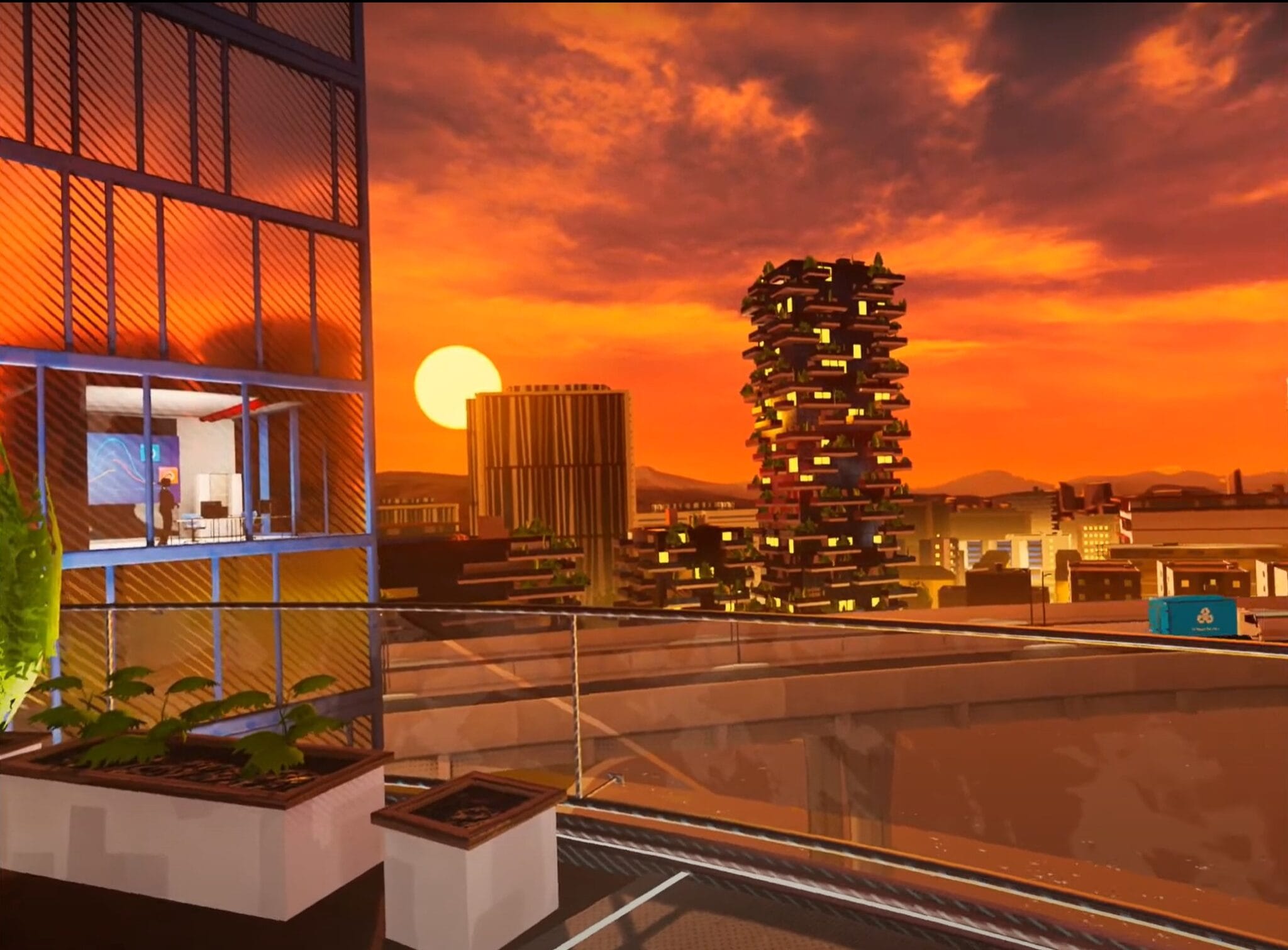 Virtual city at sunset seen from a terrace, HP recycling VR game