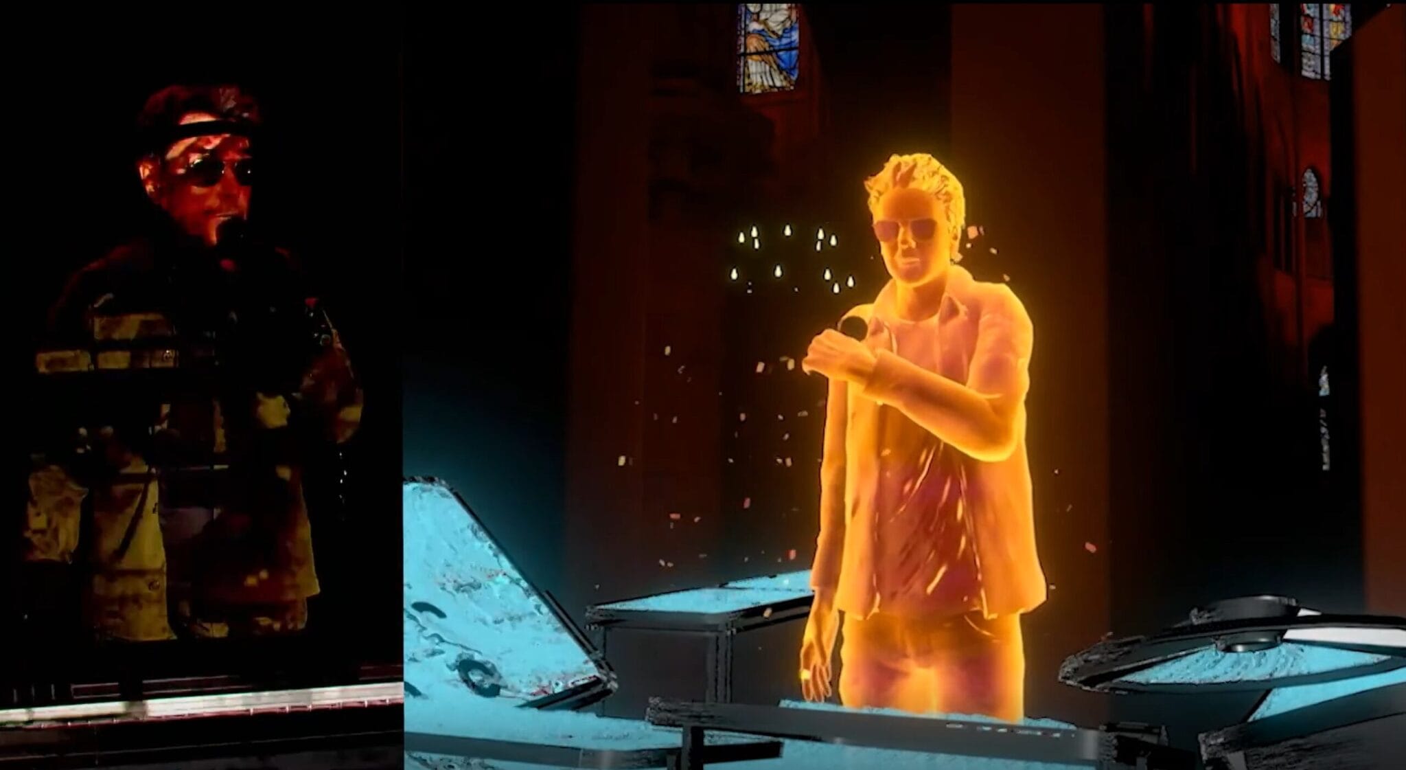 Jean-Michel Jarre being captured and his glowing avatar in the virtual Notre-Dame