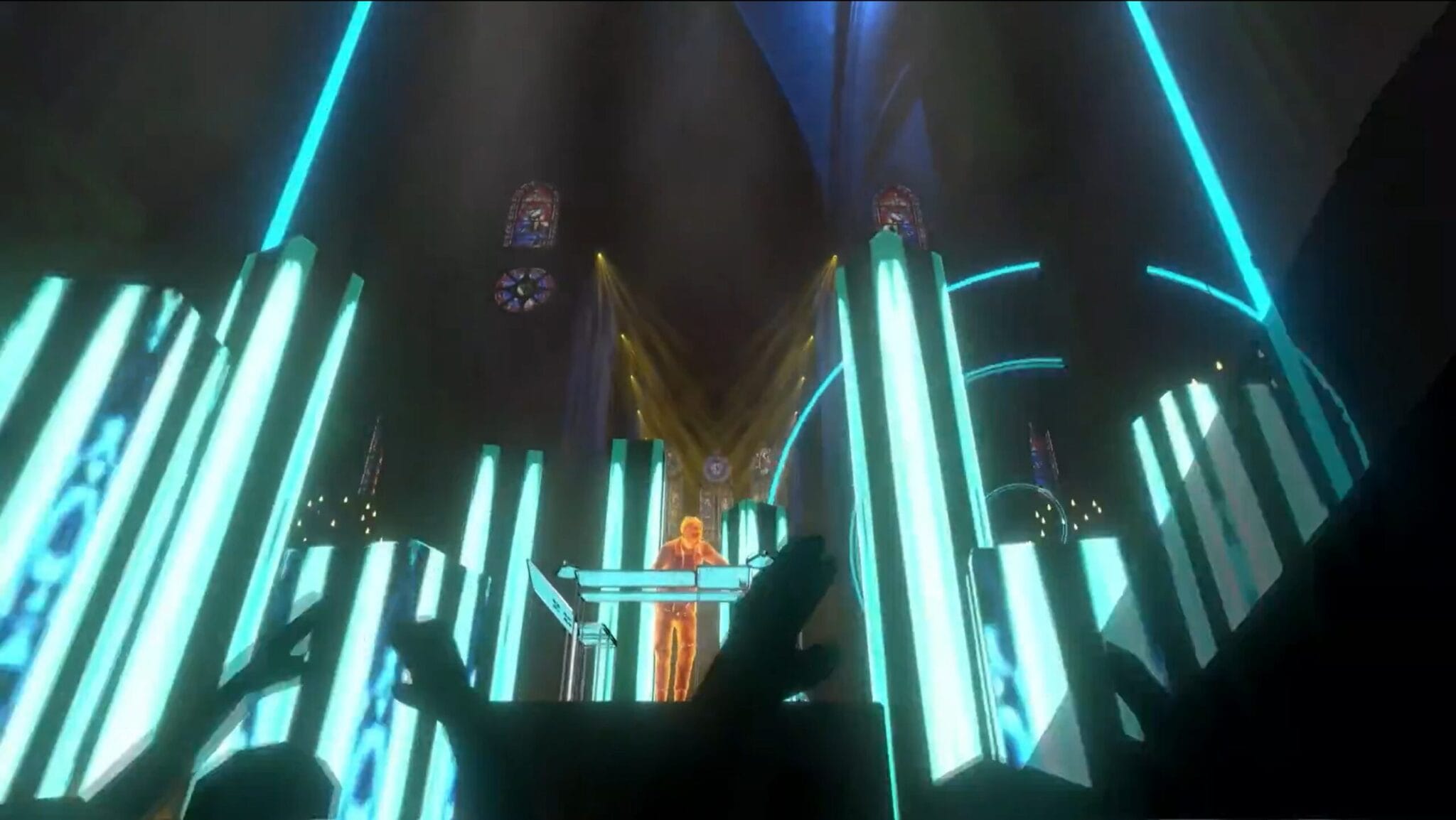 Jean-Michel Jarre's avatar behind his keyboards in the virtual Notre-Dame