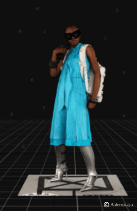 Virtual model in a blue dress, Balenciaga virtual fashion show