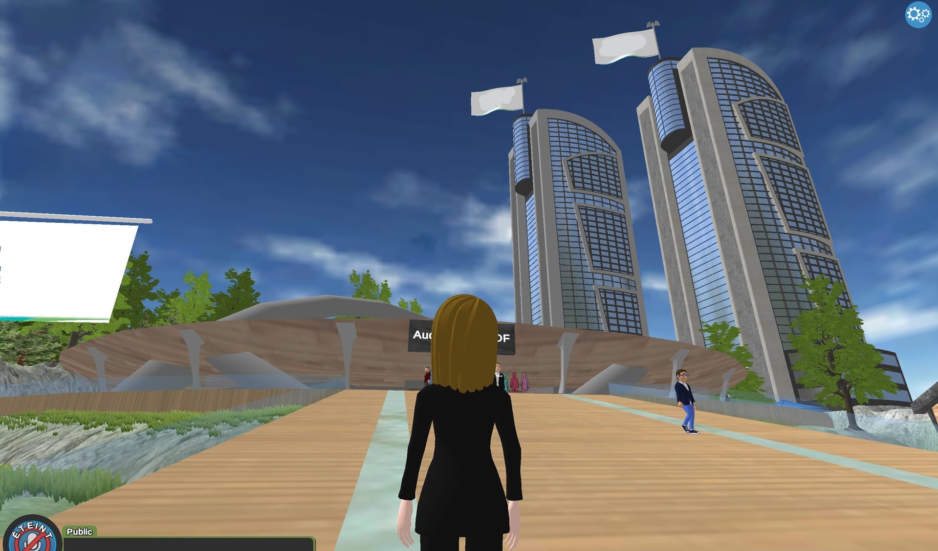 Avatar walking towards towers in a virtual event space