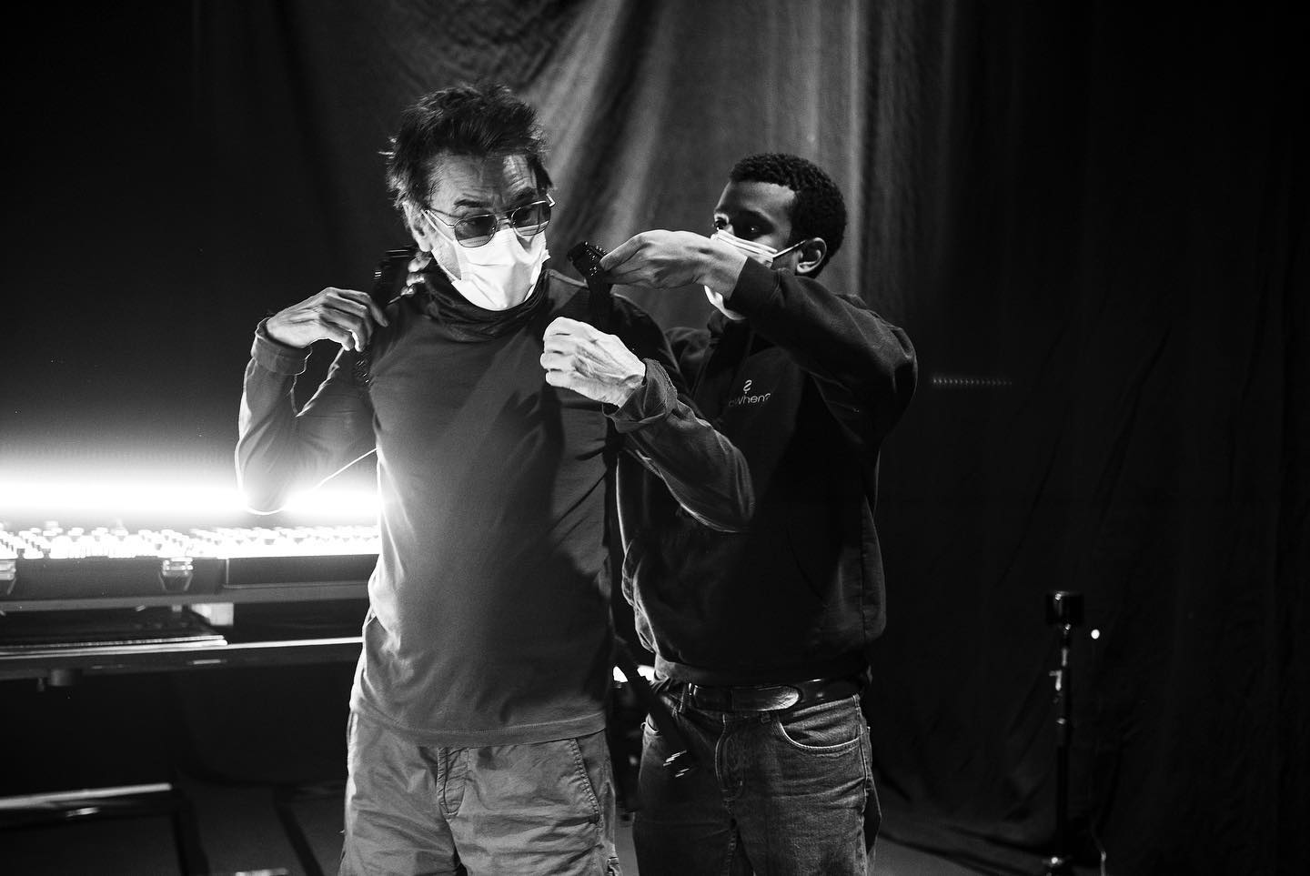 Jean-Michel Jarre being fitted for his avatar capture, black and white