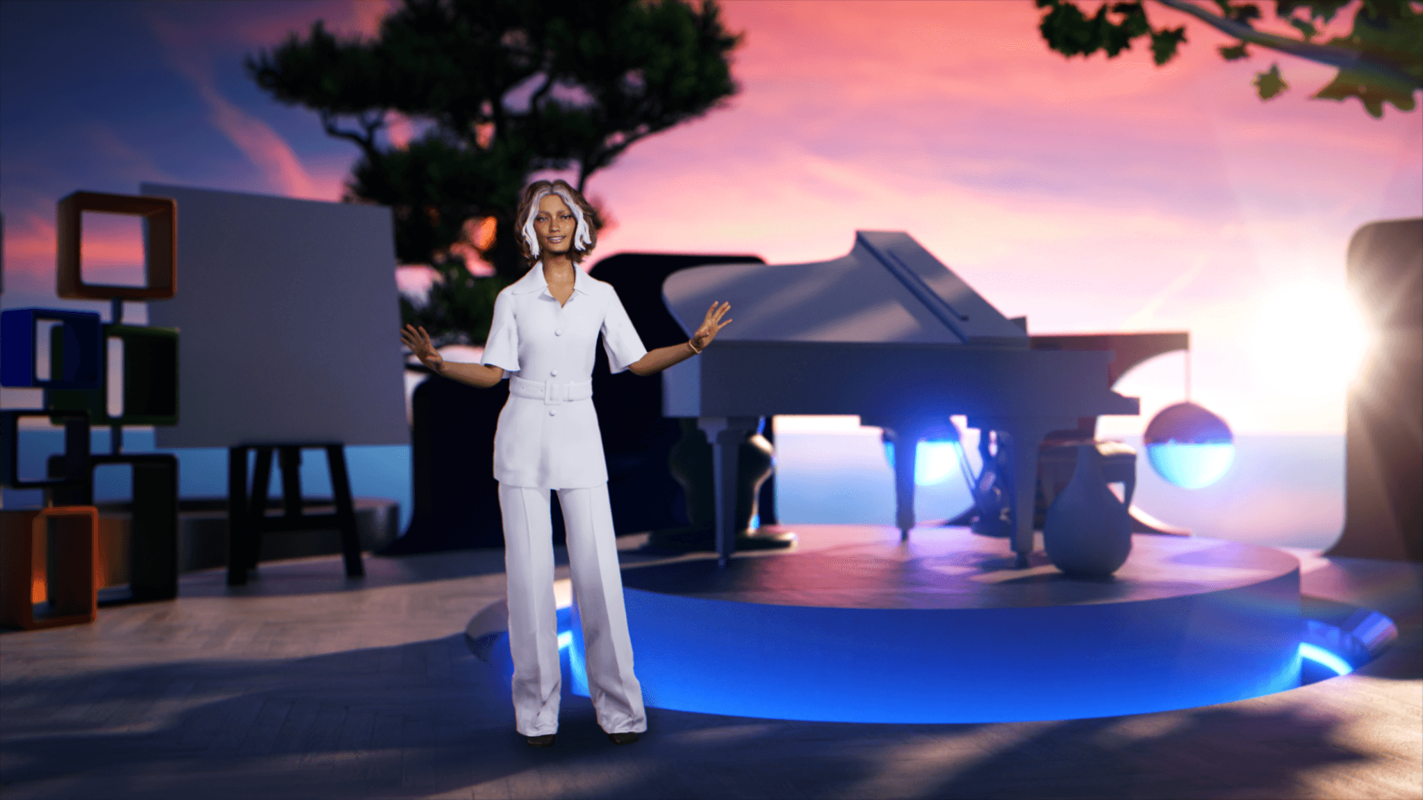 Livi, LVMH's virtual avatar, on stage in her virtual world with a piano