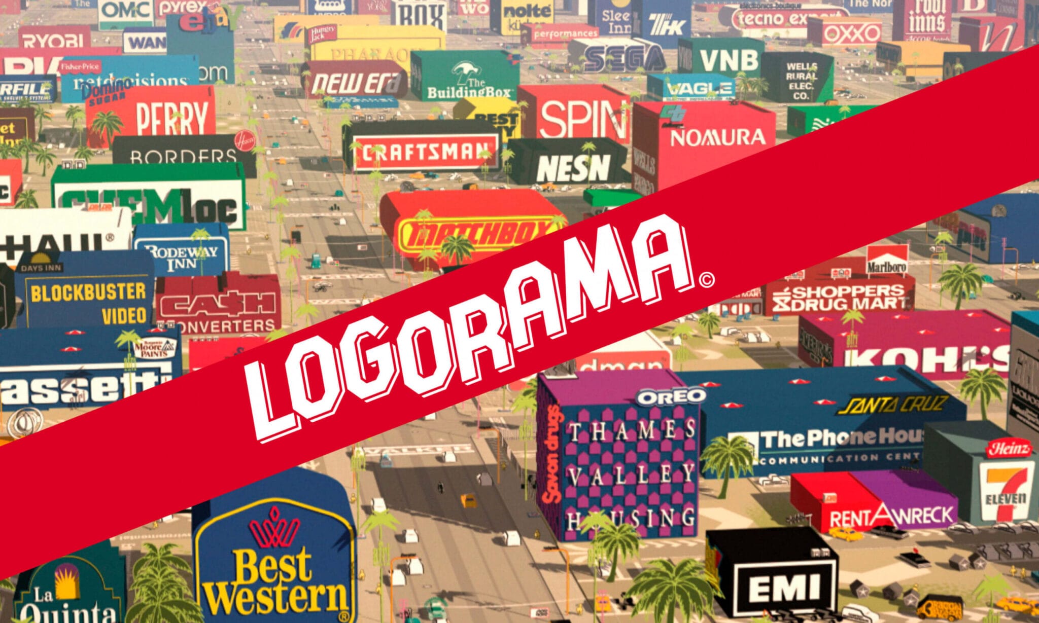 "Logorama" title over a city made of logos, animated short film