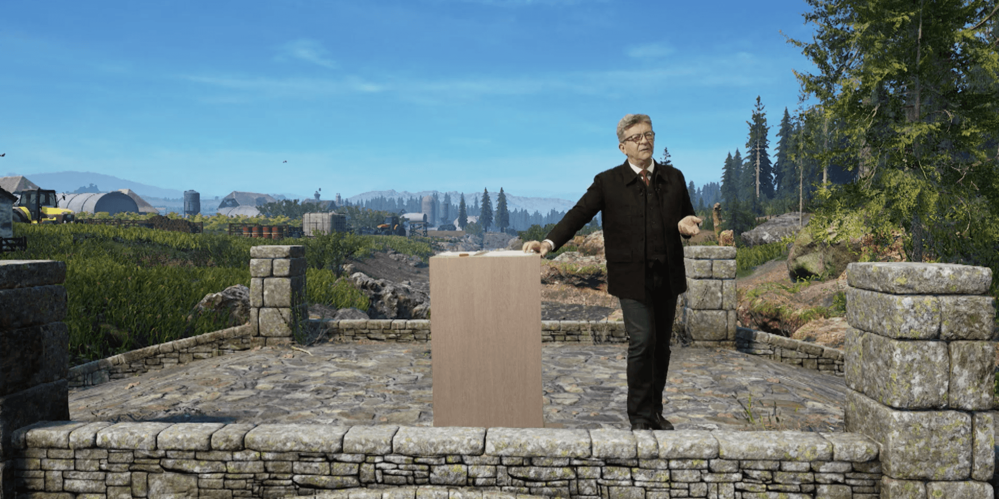 Jean-Luc Mélenchon on a virtual stone terrace, extended reality rally