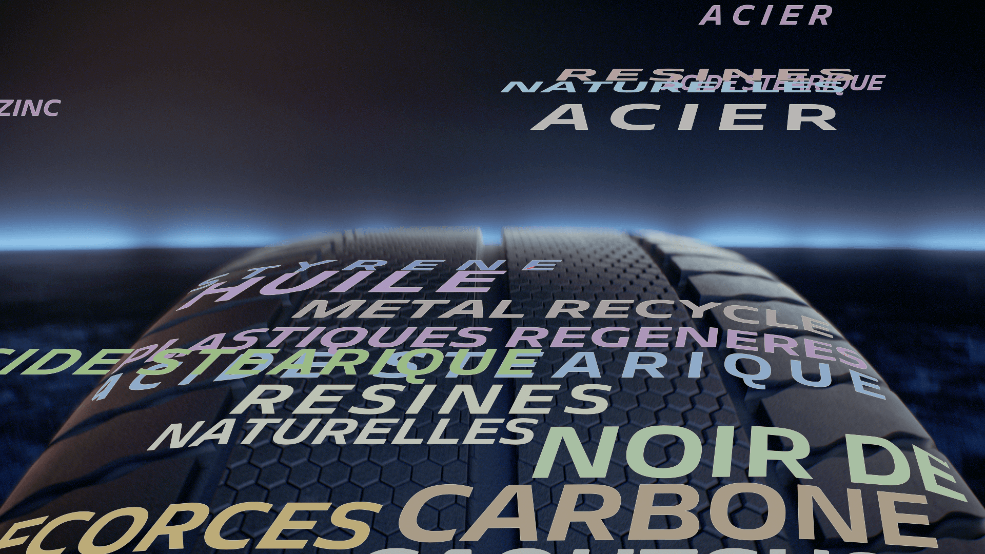 Michelin tyre surrounded by the names of its materials: steel, resins, carbon black