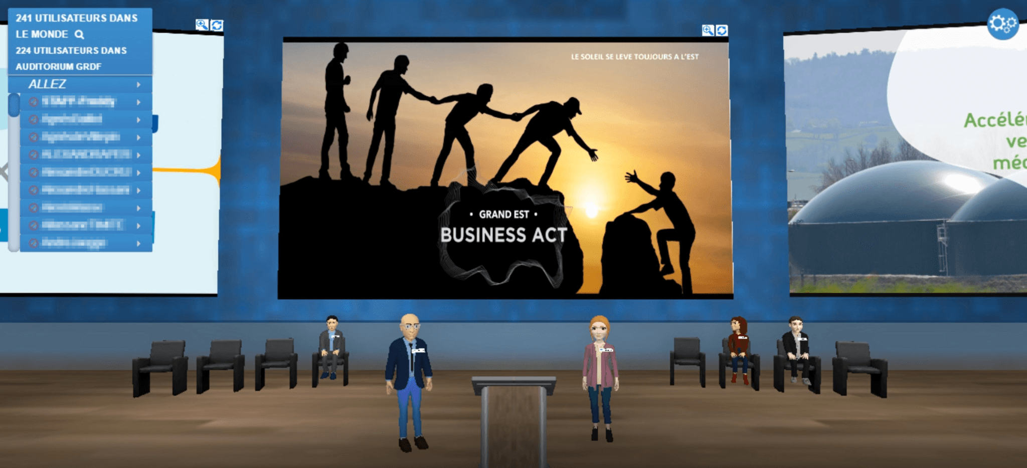 Virtual plenary with avatars on stage, digital event