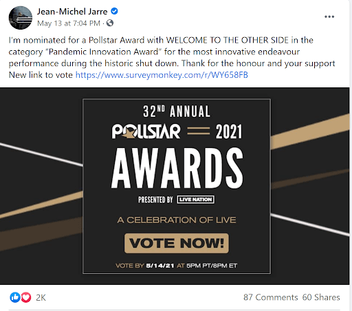 Jean-Michel Jarre's post announcing his Pollstar Awards 2021 nomination