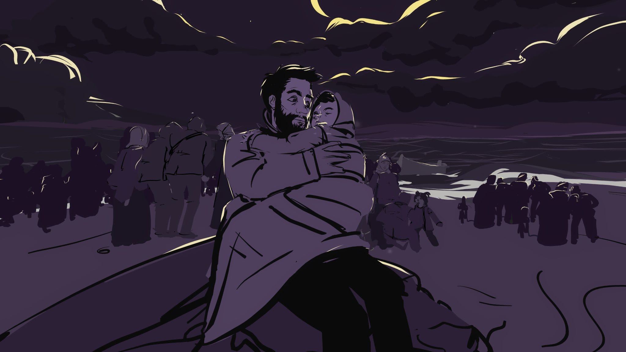 "Sea Prayer" illustration: a father holding his child on a beach at night