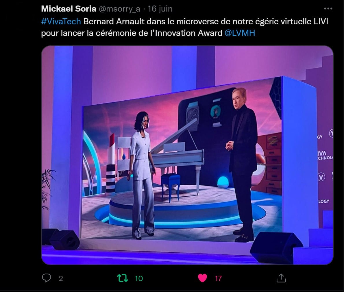 Tweet by Mickaël Soria about Bernard Arnault and Livi, LVMH's virtual muse, at VivaTech