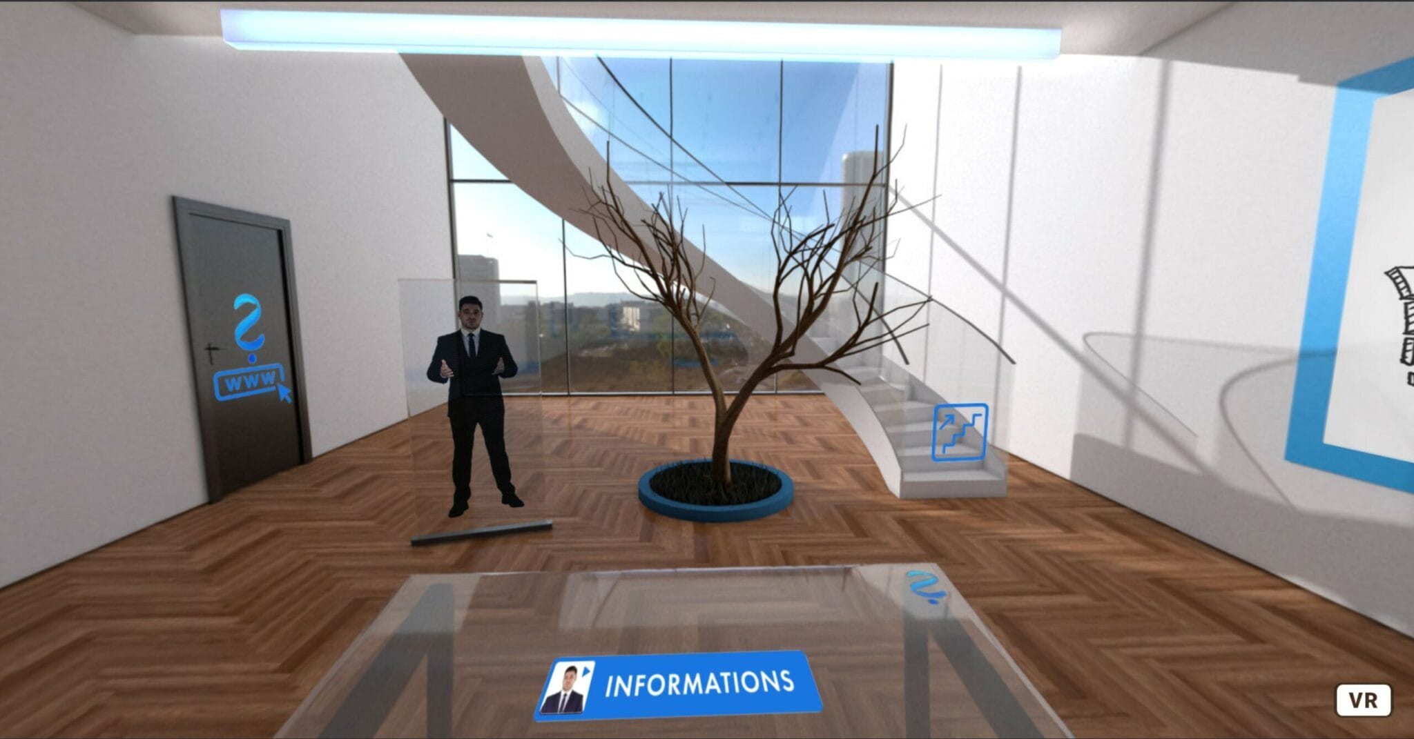Lobby of SoWhen?'s VR Event solution with an avatar
