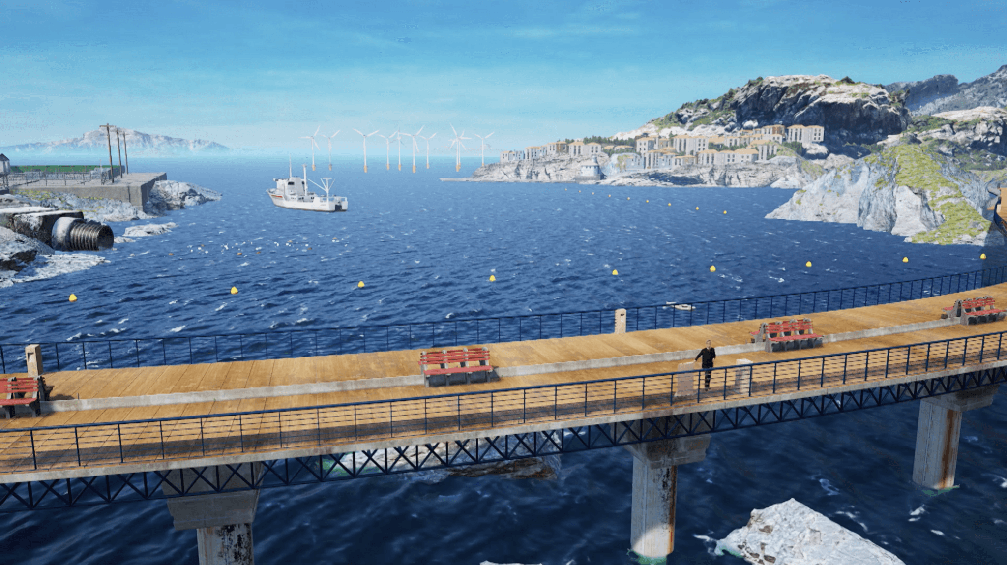 Virtual coastal set with a bridge, Jean-Luc Mélenchon's water rally