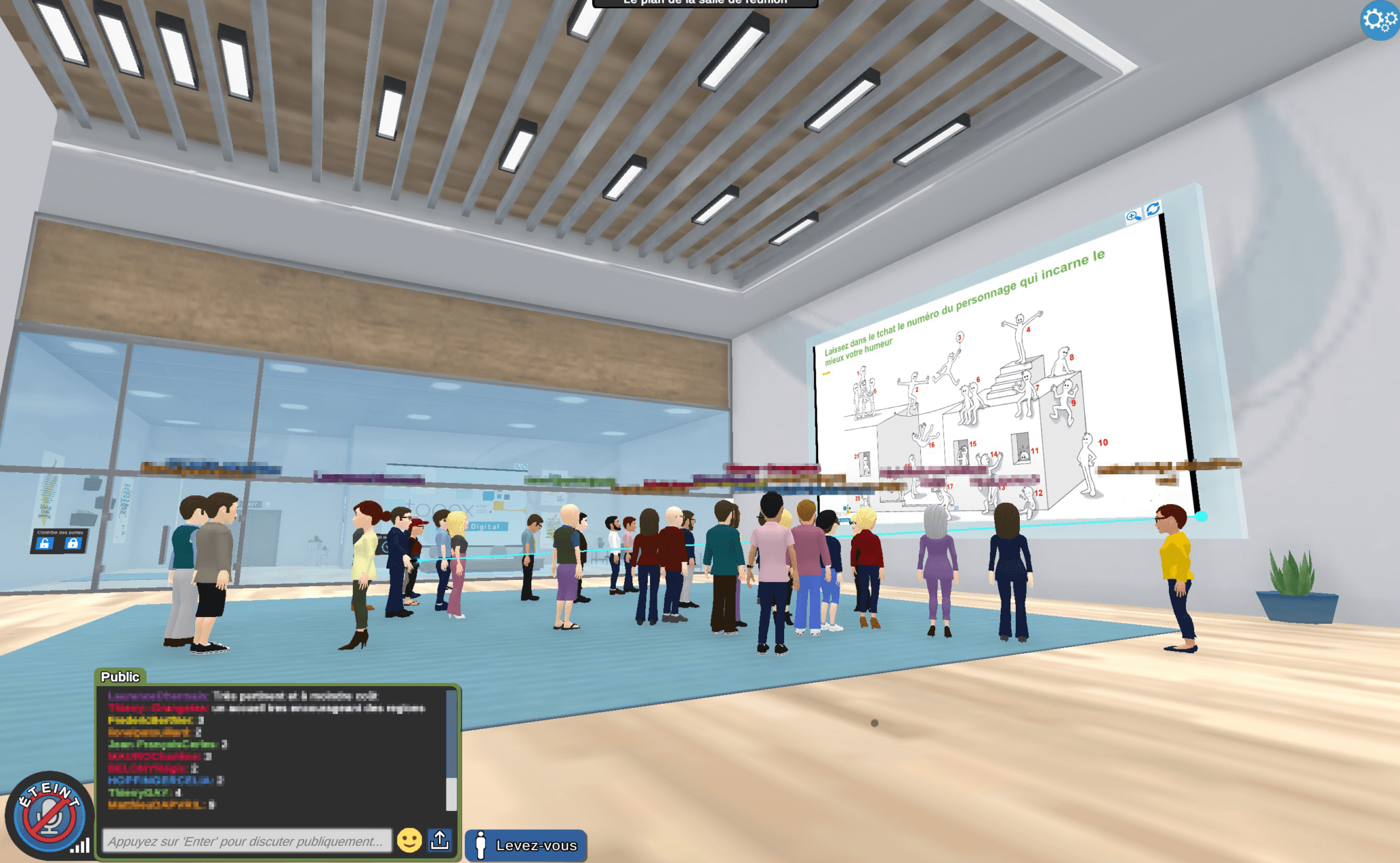 Avatars gathered in a virtual workshop room