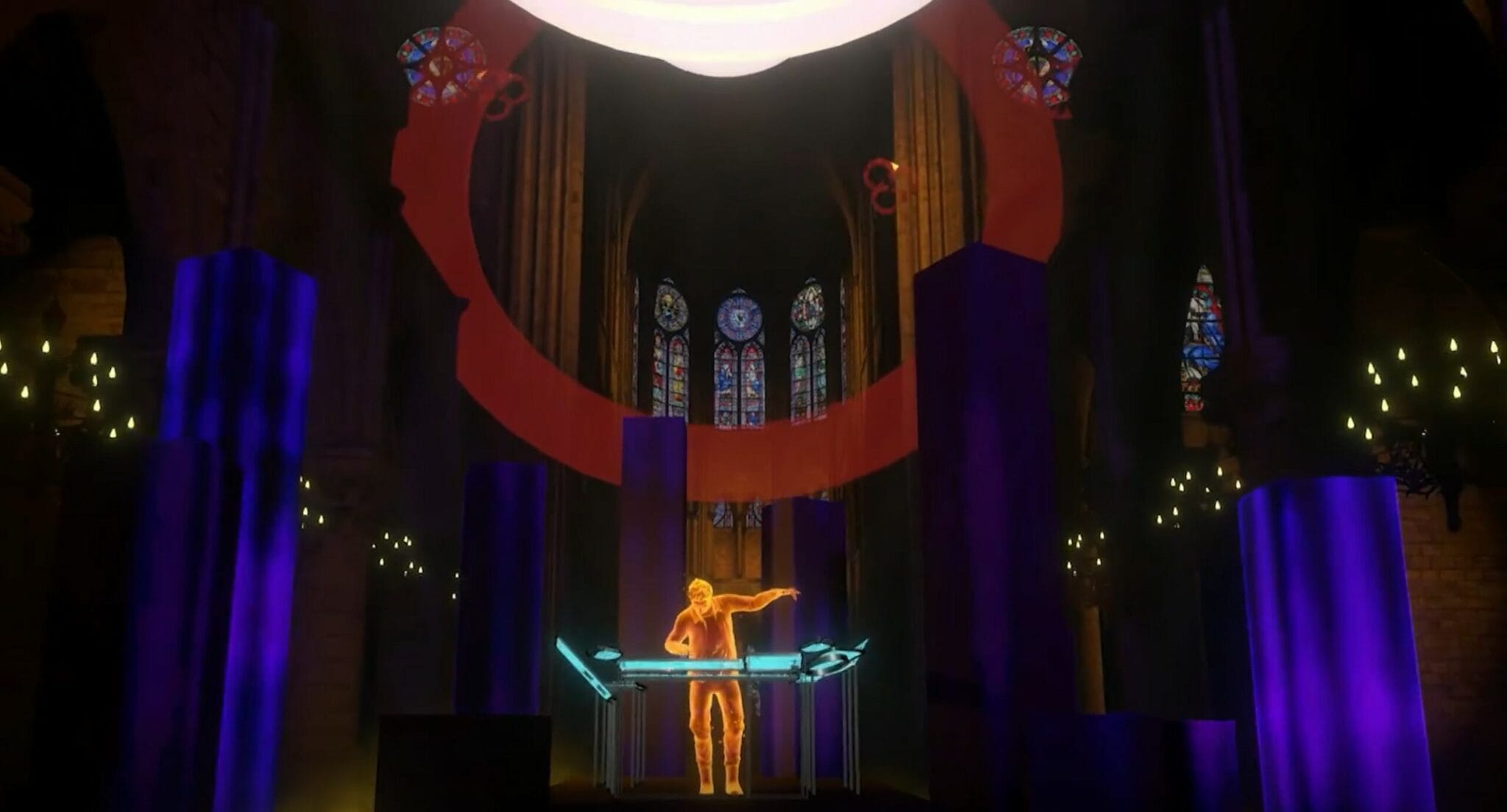 Glowing avatar of Jean-Michel Jarre in the nave of the virtual Notre-Dame