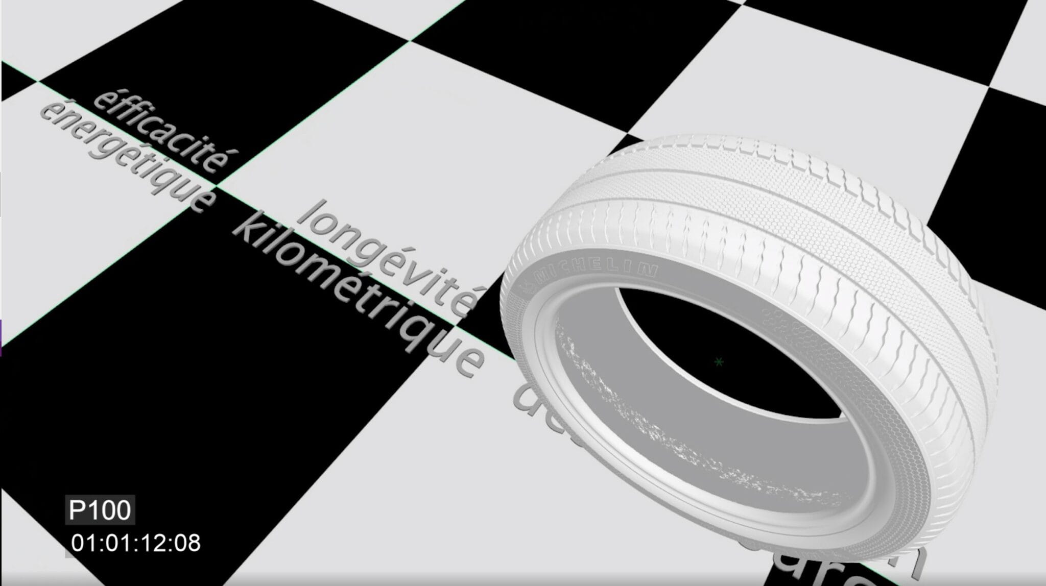 White tyre on a checkerboard, work-in-progress of the Michelin 3D video
