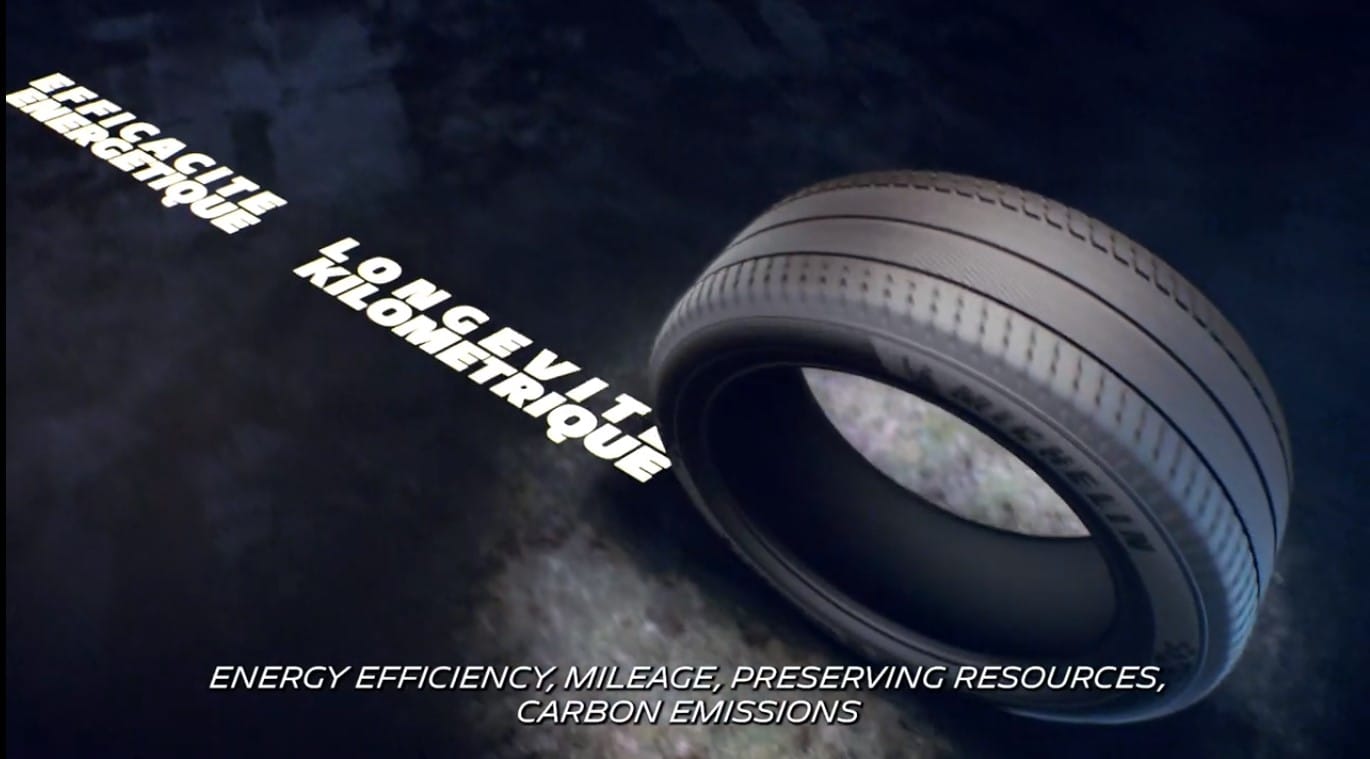 Michelin tyre with the words "energy efficiency, mileage", 3D video