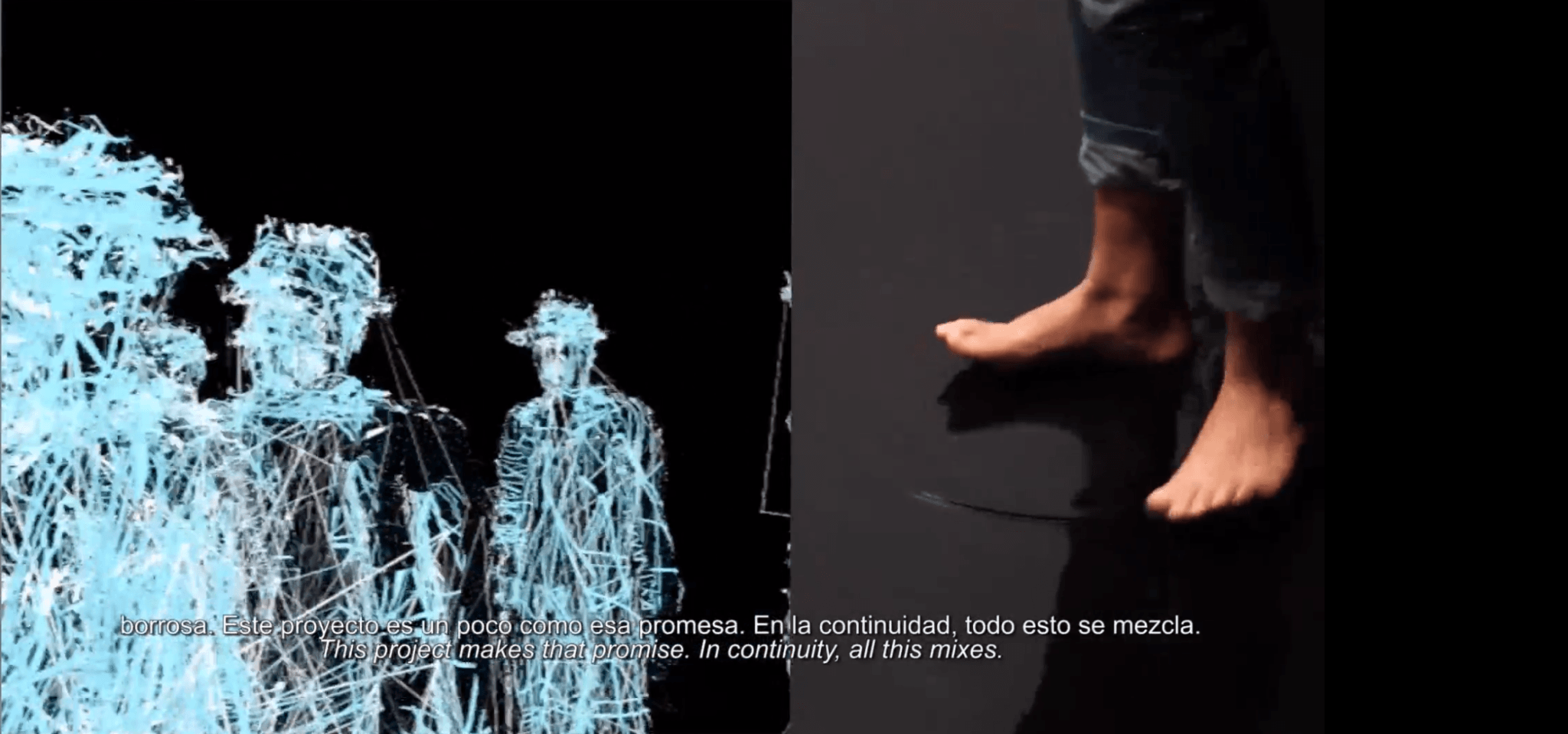 Point-cloud silhouettes and a performer's bare feet, mixed reality VR experience