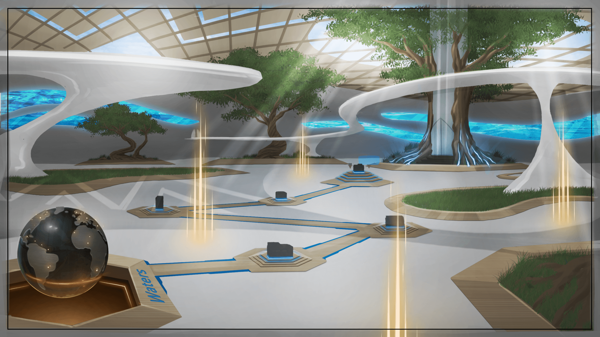 Waters virtual showroom concept: tree of science and glowing path