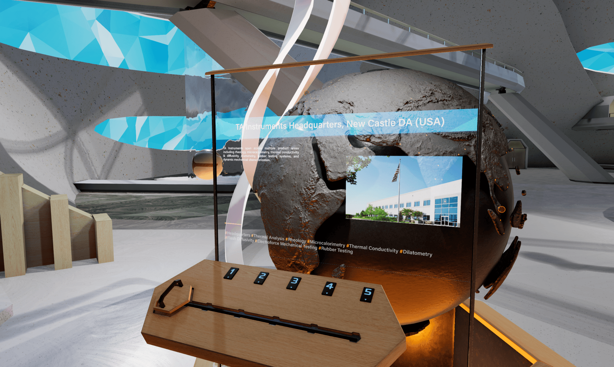 Interactive globe showing Waters locations, virtual showroom