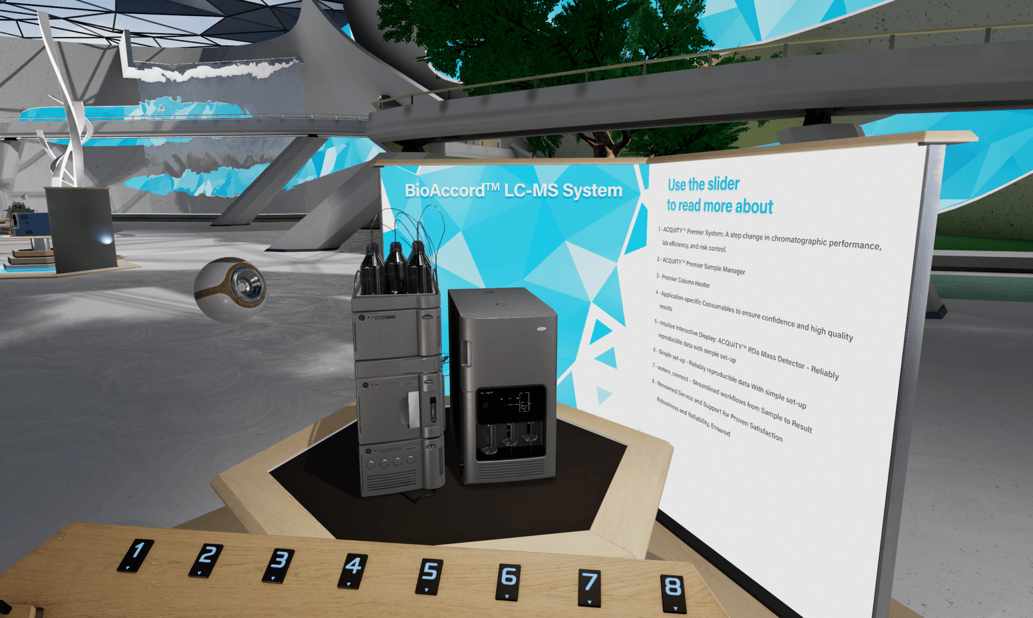 Waters BioAccord LC-MS system in 3D on a kiosk, Waters virtual world