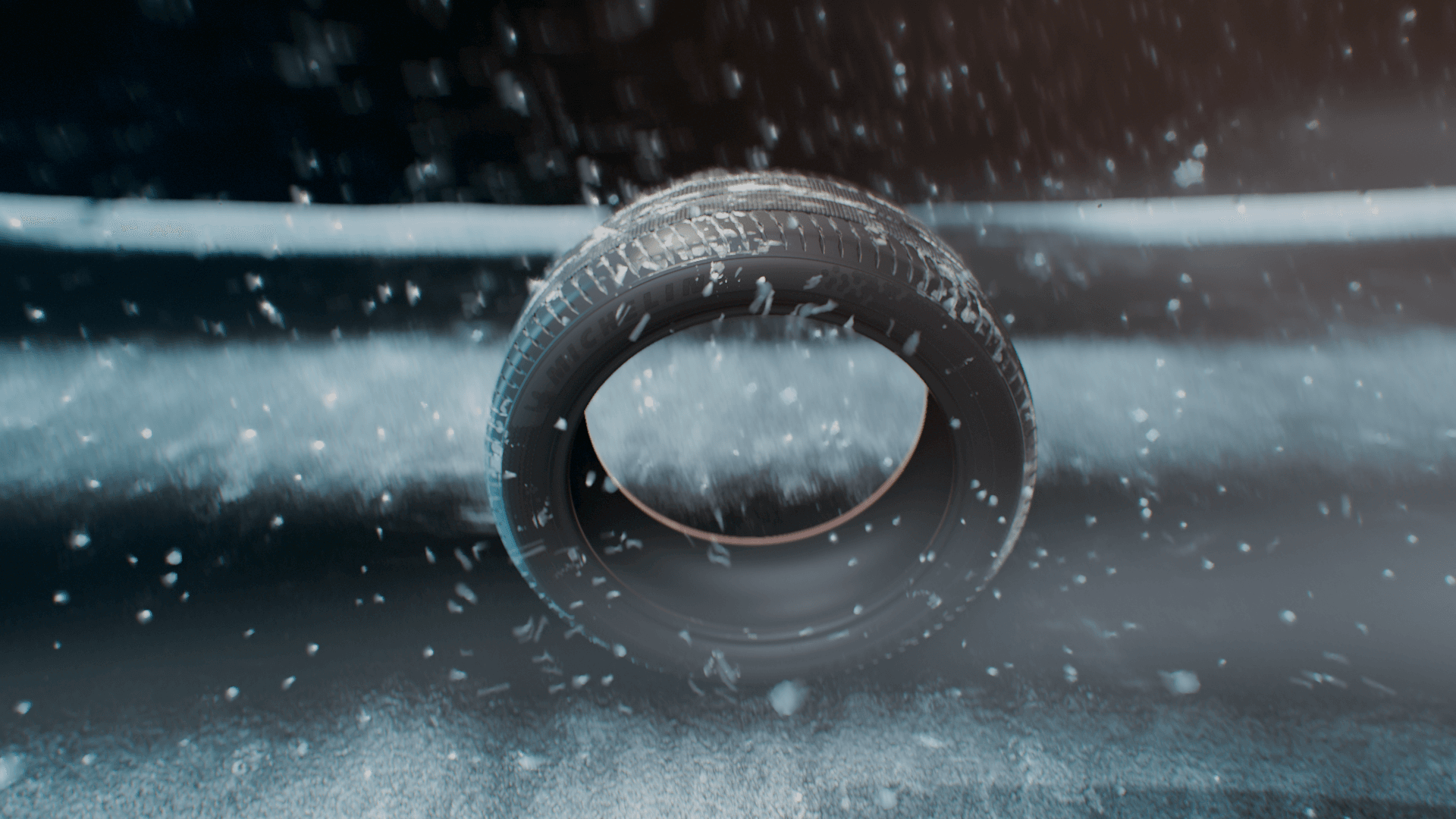 Michelin tyre rolling through snow, 3D modelling and animation