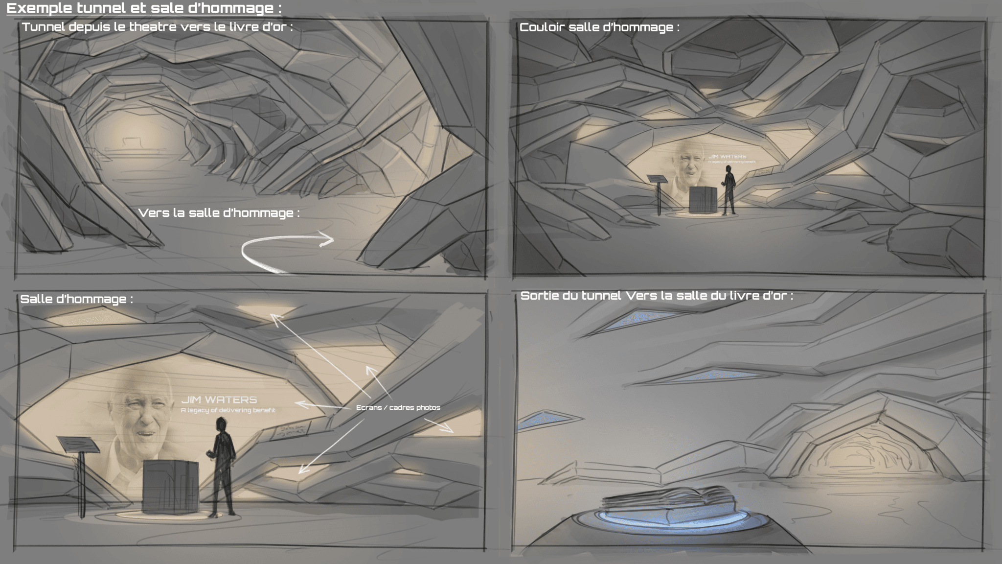 Concept sketches of the tunnel and tribute room, Waters virtual world