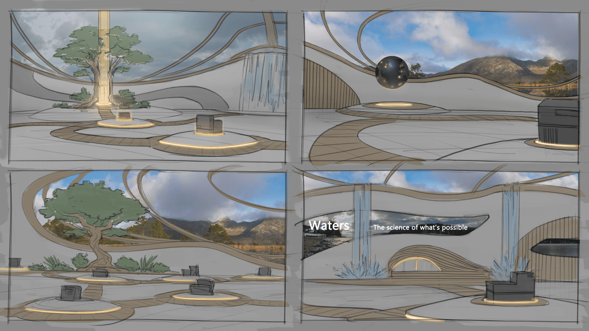 "The science of what's possible" concept sketches for the Waters virtual world