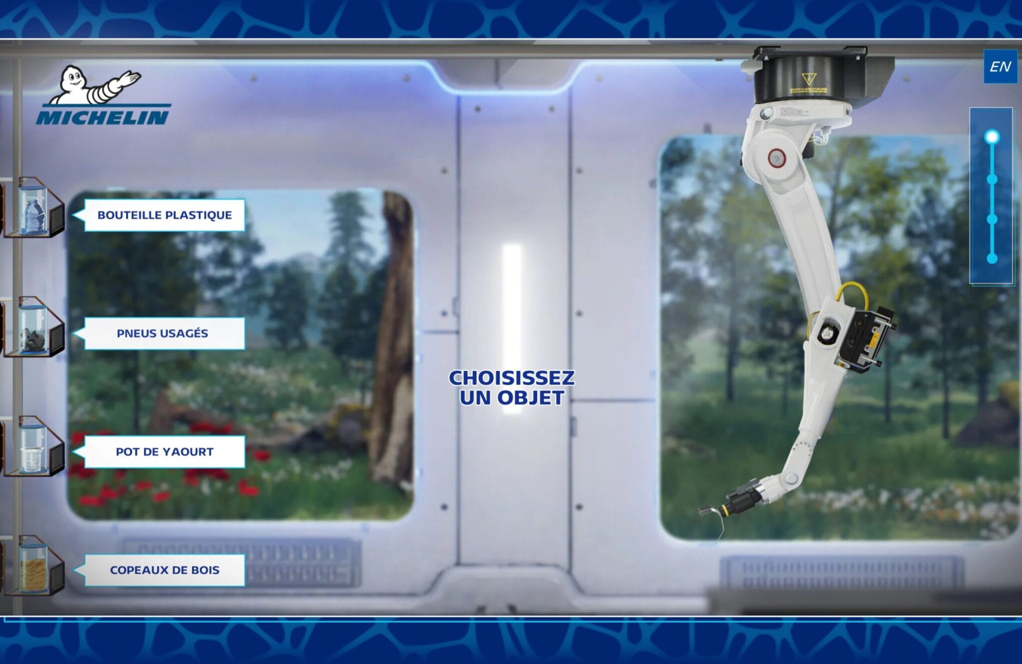 Regen'Lab 3D interface: "Choose an object" to recycle, robotic arm