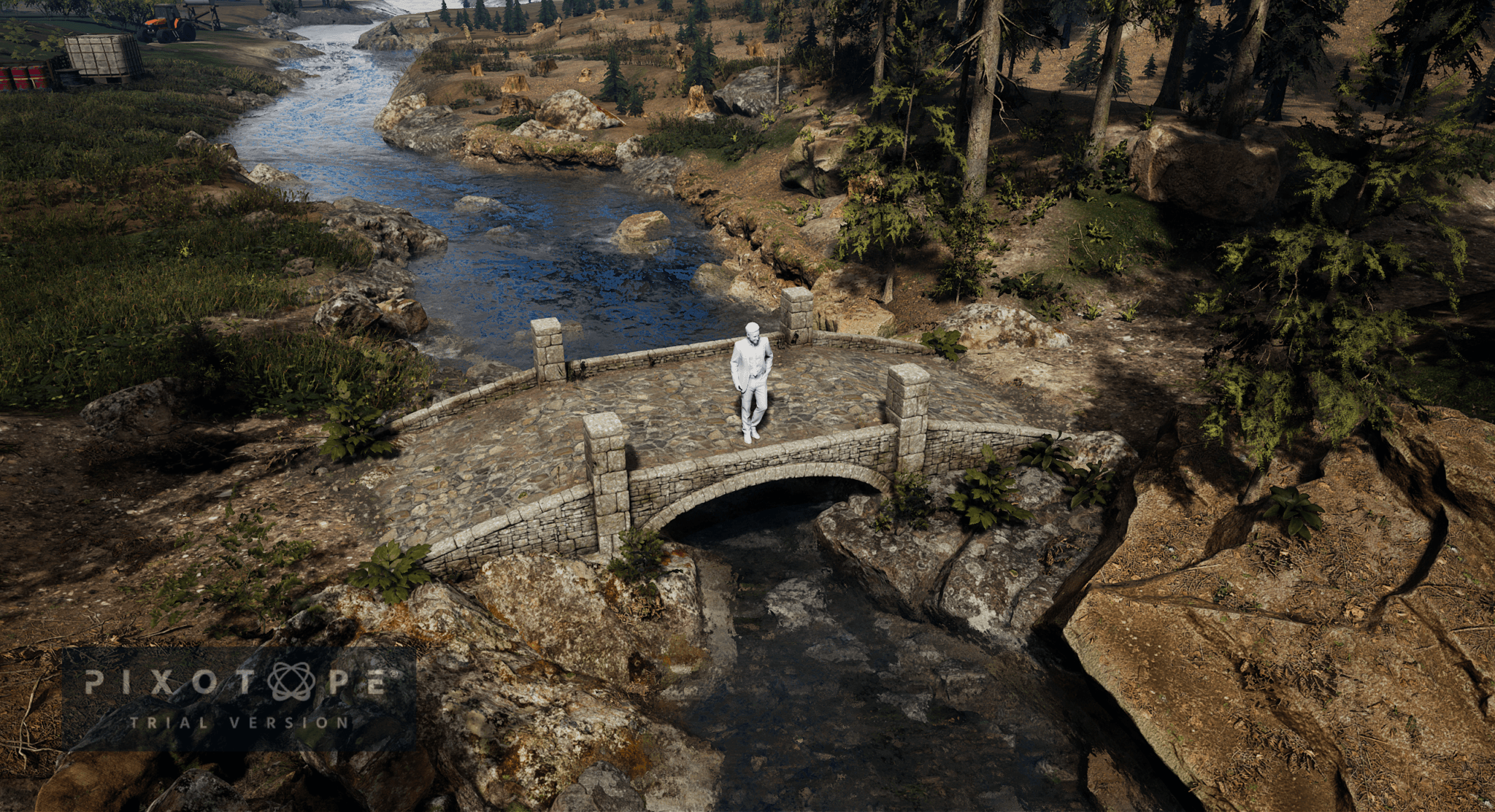 Virtual speaker on a stone bridge over a river, Unreal Engine and Pixotope render