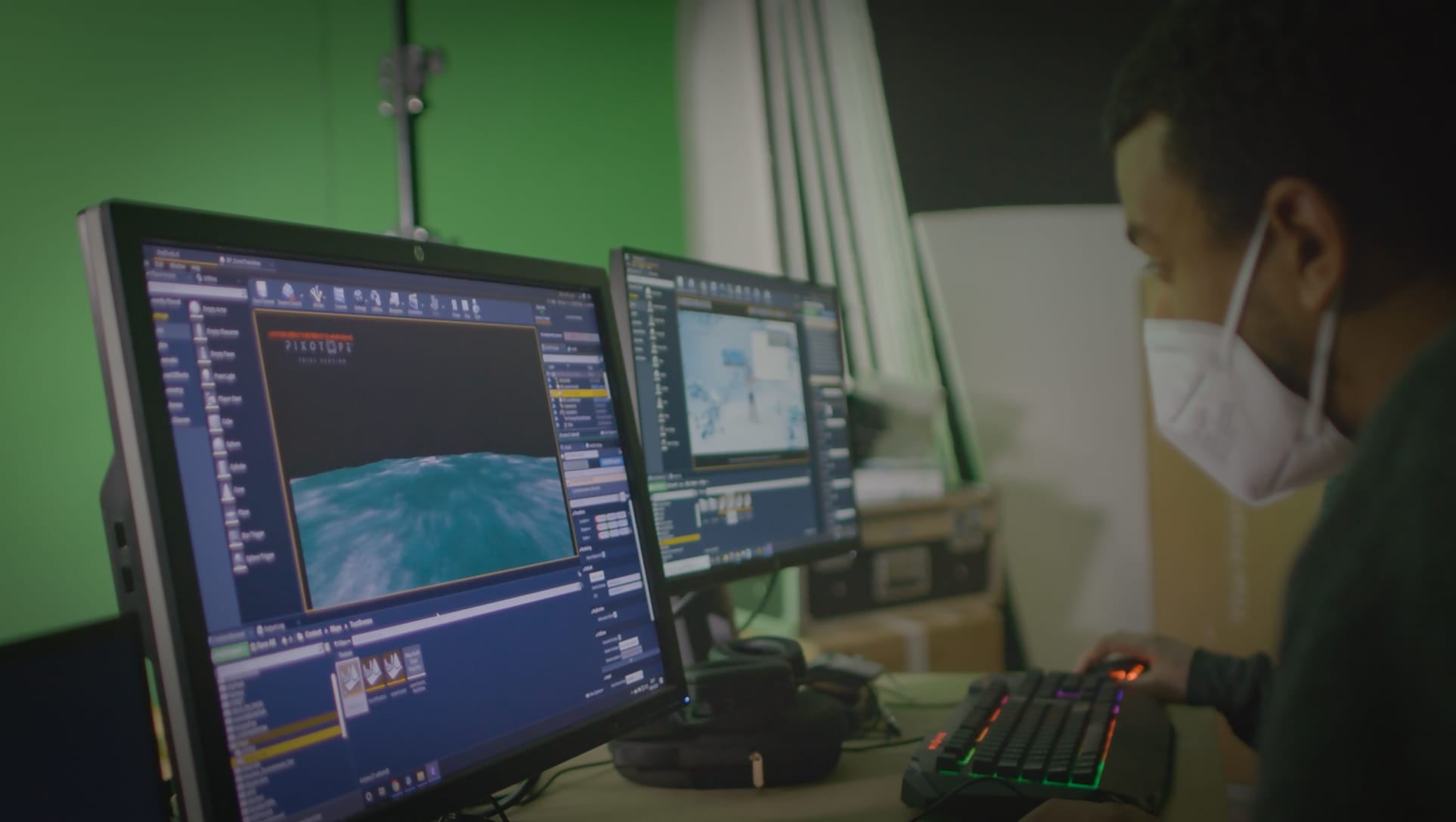 Technician working on a virtual set in the Montreuil virtual production studio