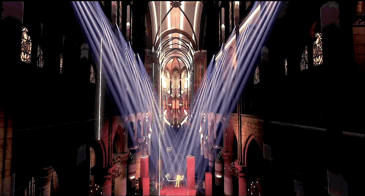 Virtual Notre-Dame nave crossed by light beams, Jean-Michel Jarre concert