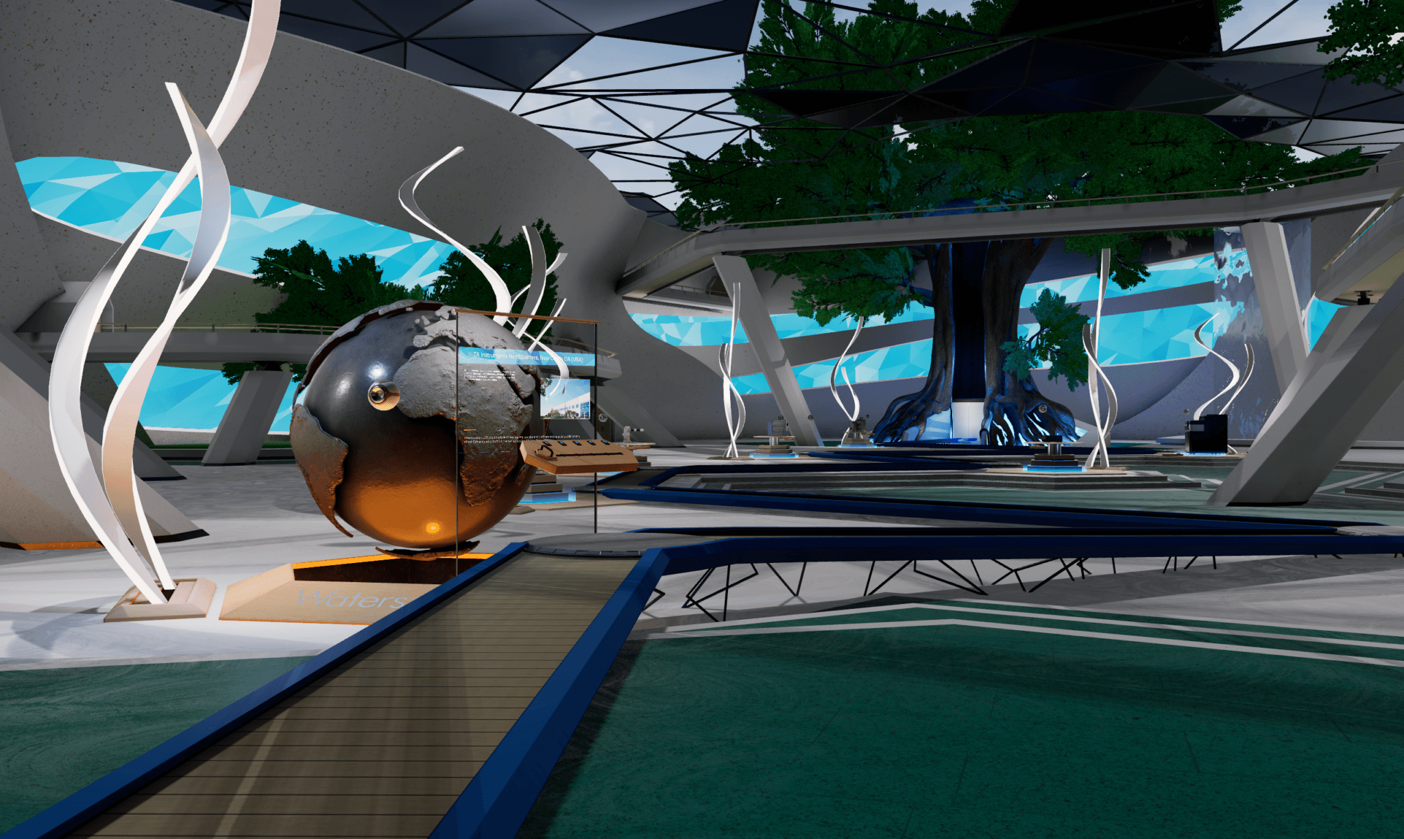 Overview of the Waters virtual showroom: globe, tree and path