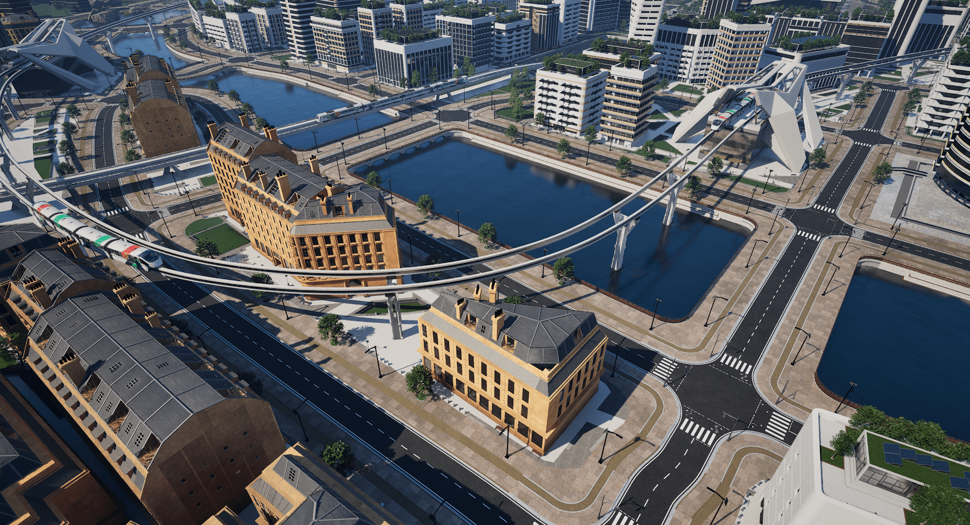 Aerial view of Alstom's virtual city with a monorail, in Unreal Engine 5