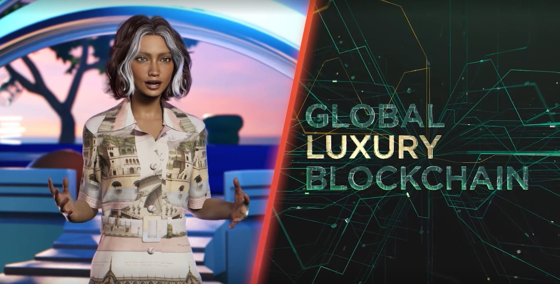Livi, LVMH's avatar, presenting Web3 "Global Luxury Blockchain", Unreal Engine render
