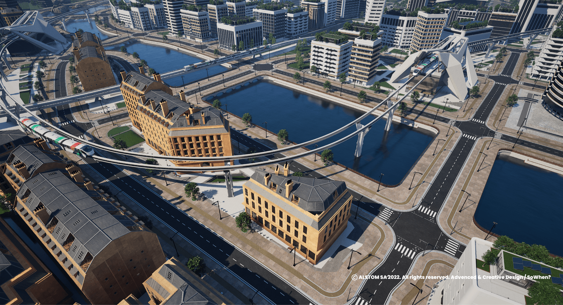 Aerial view of Alstom's virtual city with a monorail, in Unreal Engine 5