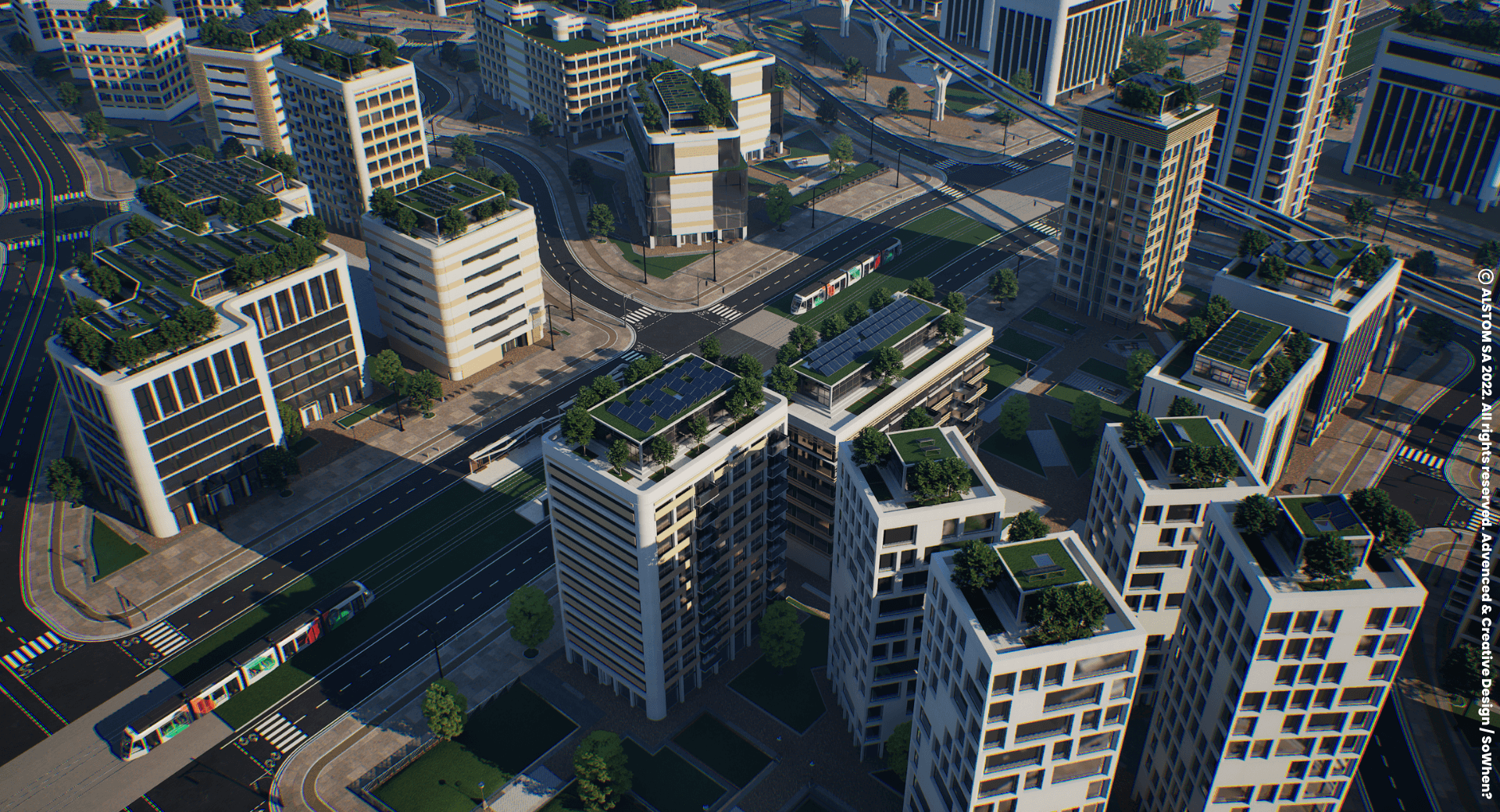 Alstom's virtual city from above with a tram, in Unreal Engine
