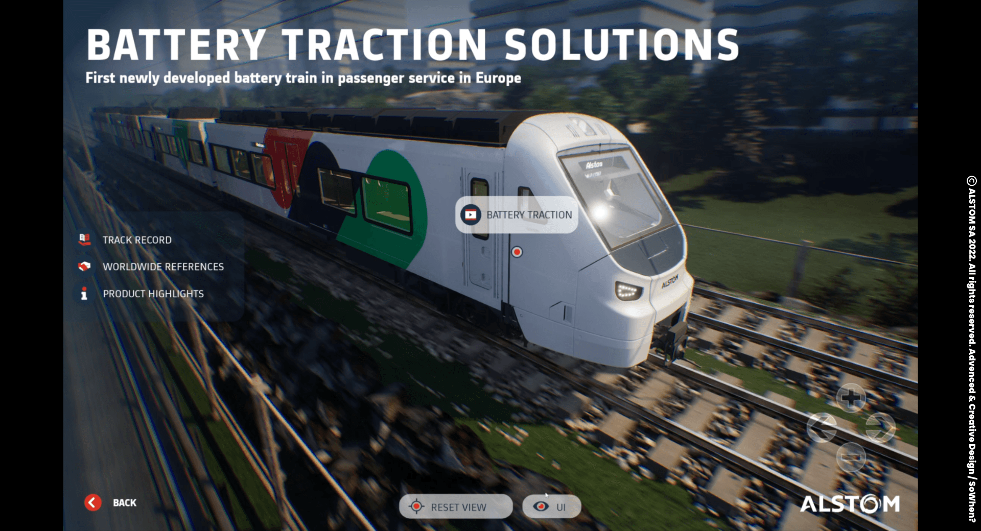 "Battery Traction Solutions" panel on an Alstom train, virtual showroom in Unreal Engine 5