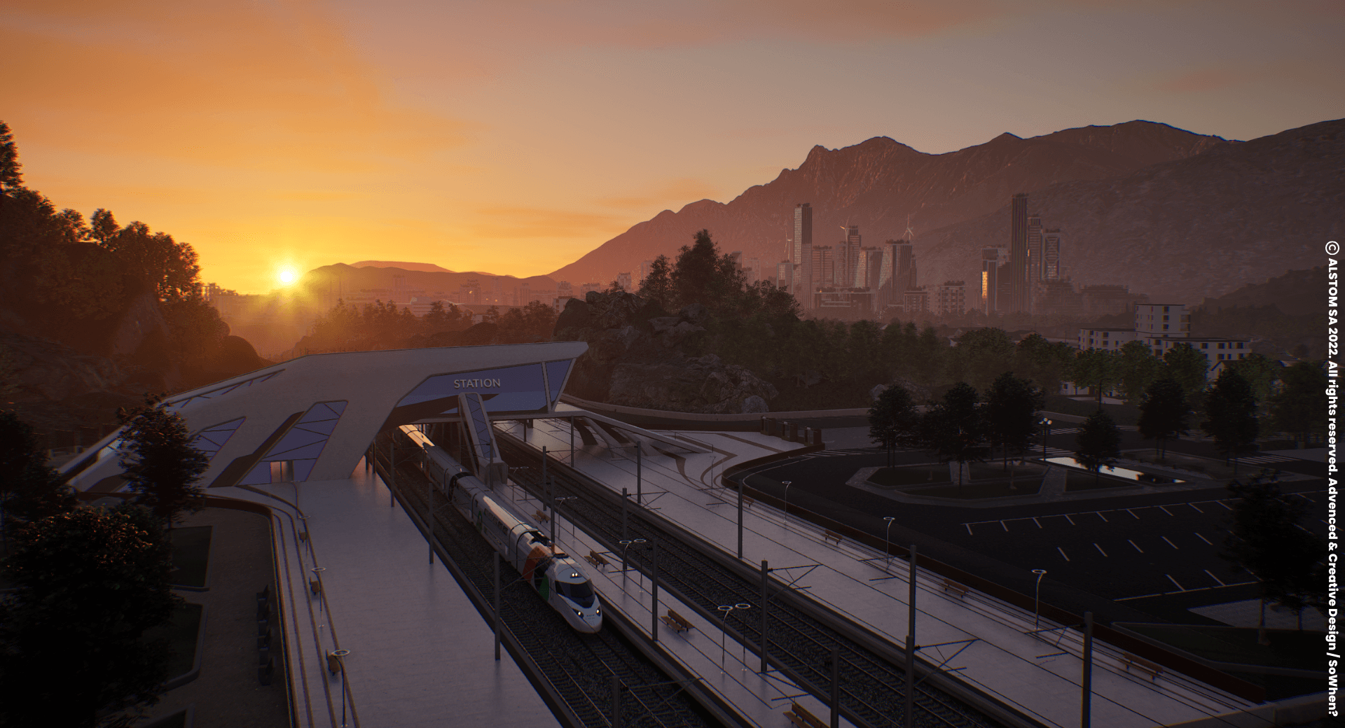 Station and trains at sunset in the Alstom virtual world made by SoWhen?