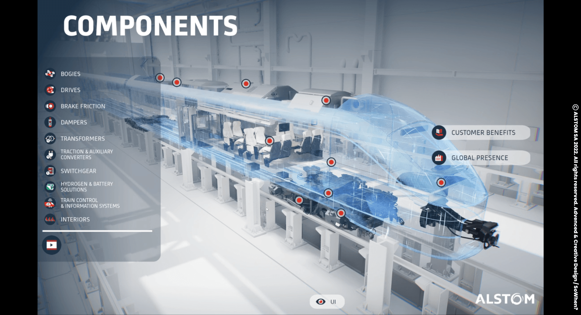 "Components" view: see-through Alstom train and its parts, interactive showroom