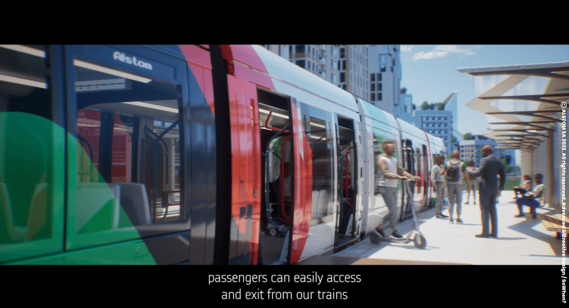 MetaHuman passengers boarding an Alstom tram, virtual world