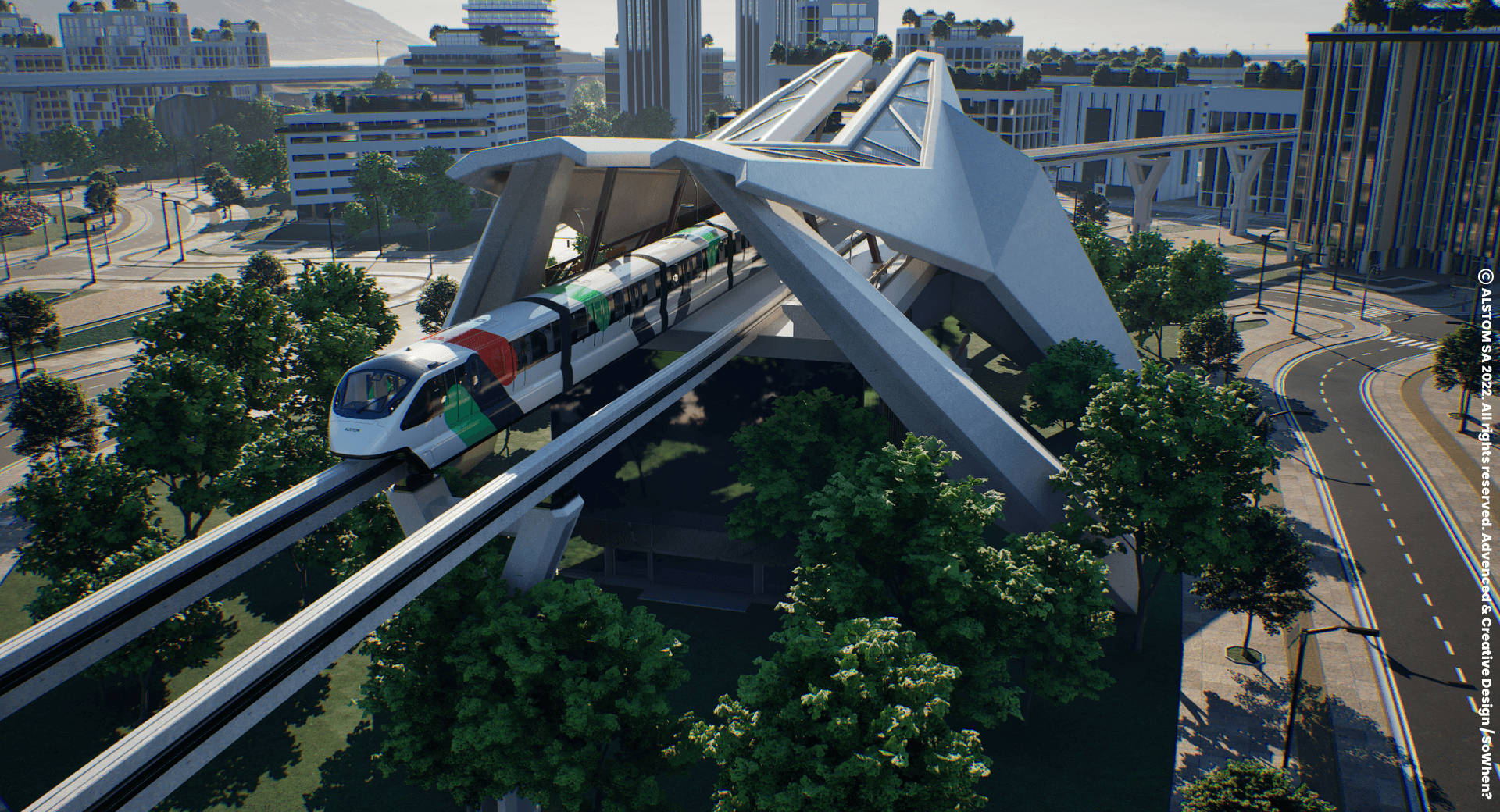 Alstom monorail crossing a futuristic station in the virtual city