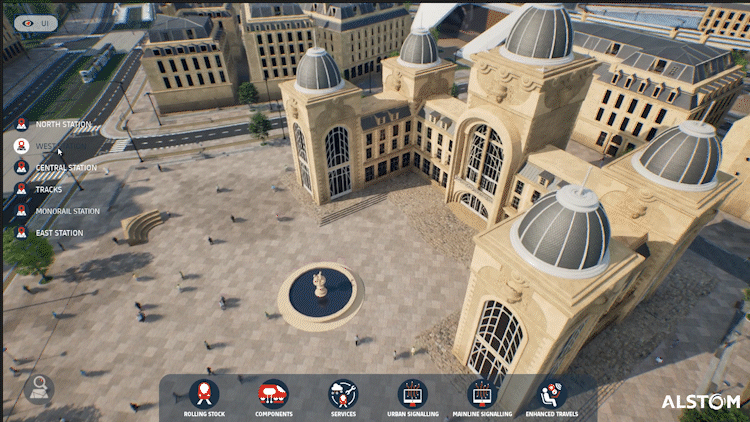Animated view of a square with a domed building, Alstom's virtual city