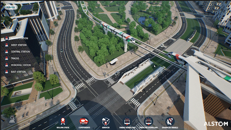 Animated view of a crossroads and a monorail, Alstom virtual showroom