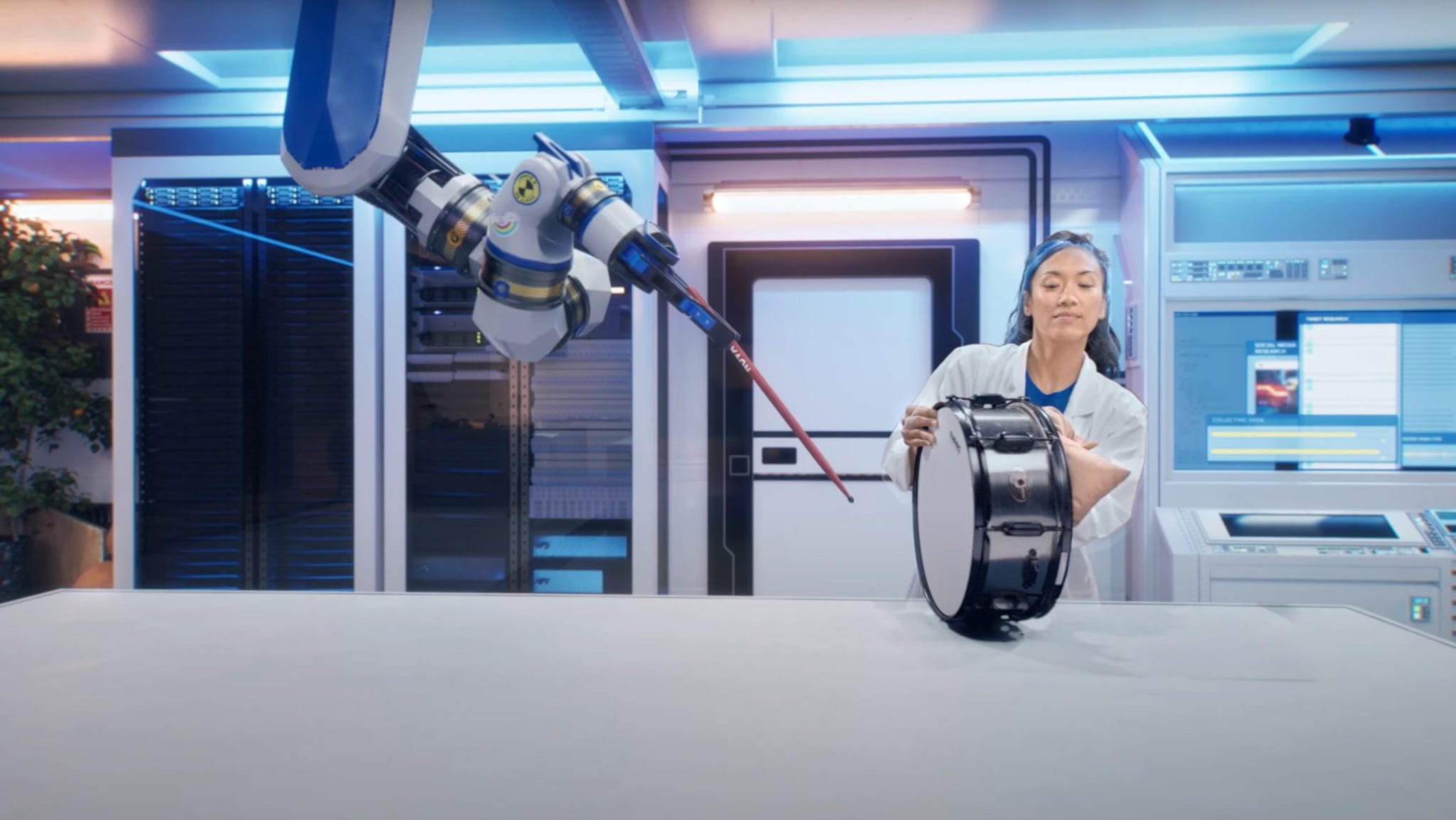 Actress in a lab coat facing a virtual robot arm, Michelin series in virtual production