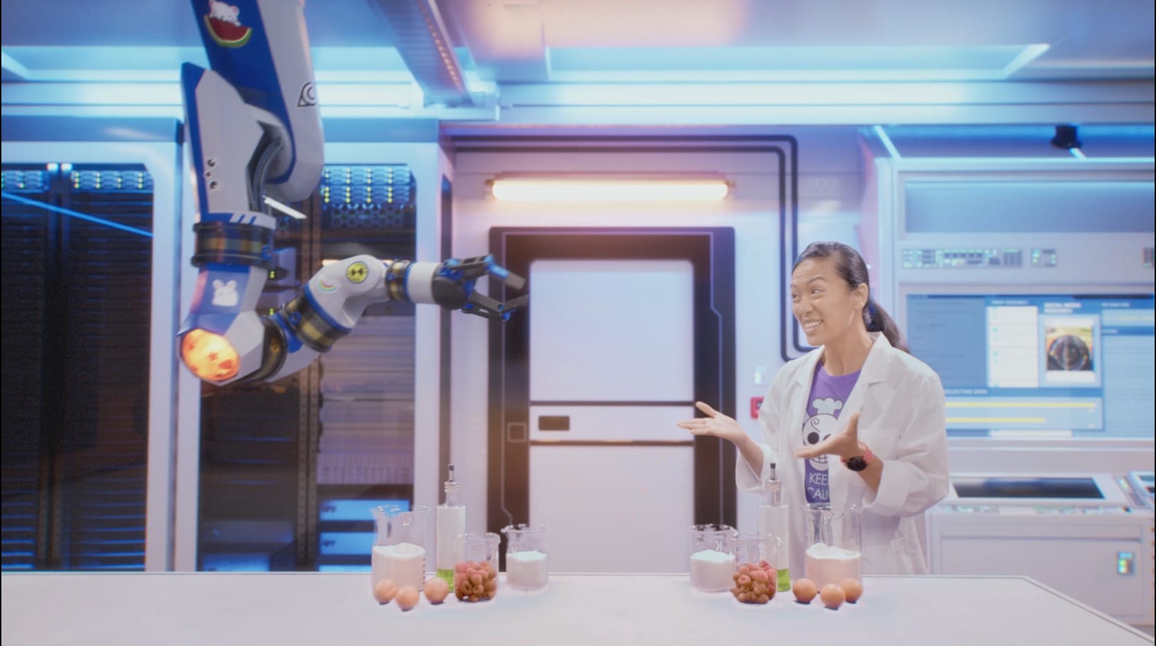 Actress cooking with her virtual robot, Michelin series on sustainable materials