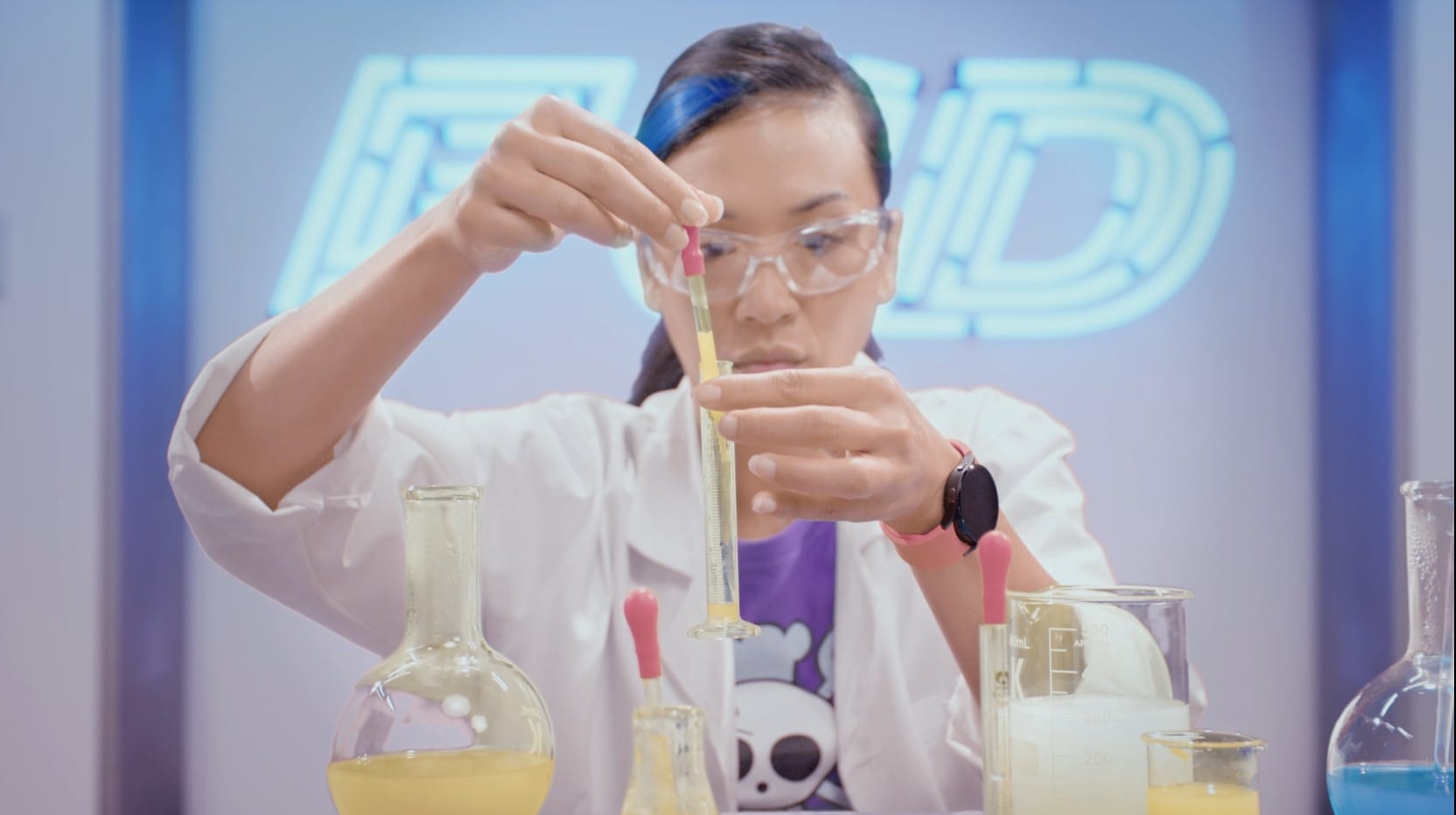 Actress in a lab coat doing a chemistry experiment, Michelin series in virtual production
